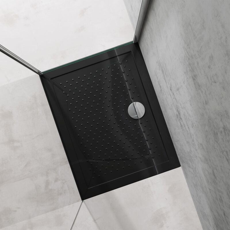 foto del prodotto doporro piatto doccia rettangolare in acrilico h 4 cm superficie puntinata antiscivolo mod.lucia02ar nero lucido 70x90x4 cm con piletta inclusa