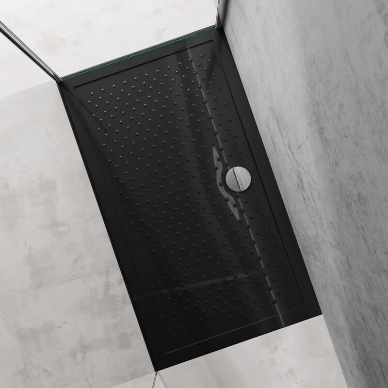 foto del prodotto doporro piatto doccia rettangolare in acrilico h 4 cm superficie puntinata antiscivolo mod.lucia02ar nero lucido 80x140x4 cm con piletta inclusa
