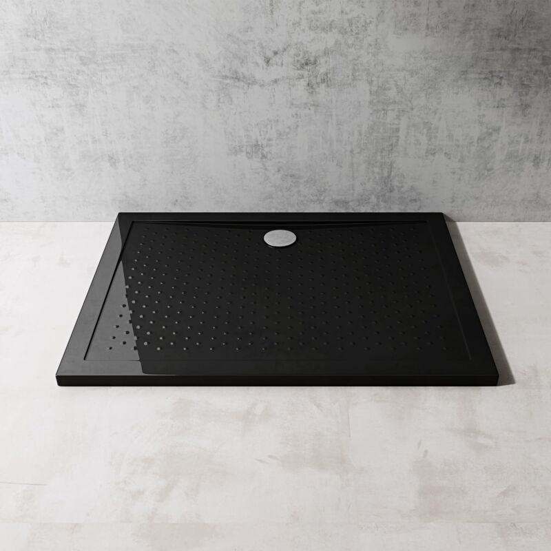 foto del prodotto doporro piatto doccia rettangolare in acrilico h 4 cm superficie puntinata antiscivolo mod.lucia02ar nero lucido 90x120x4 cm con piletta inclusa