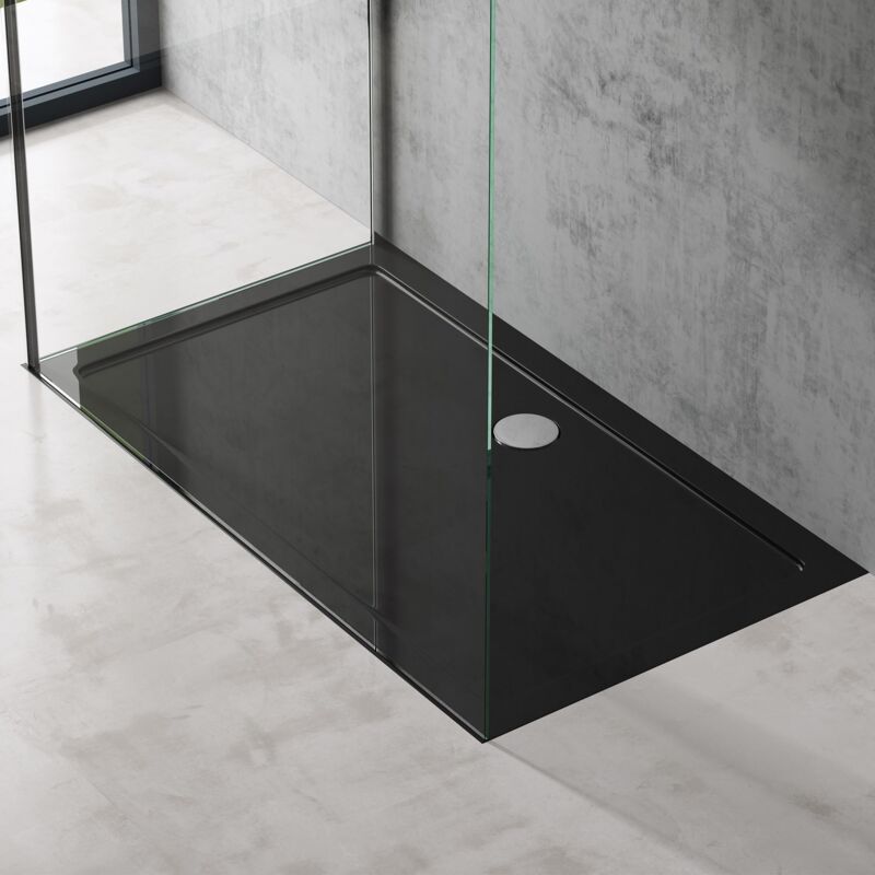 foto del prodotto doporro piatto doccia rettangolare in acrilico rinforzato, ultra slim 4 cm, installazione da appoggio o filo pavimento, nero lucido 100x160 cm