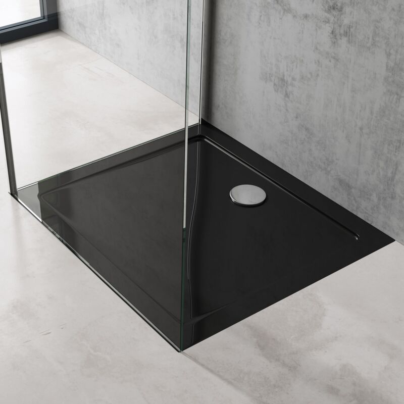 foto del prodotto doporro piatto doccia rettangolare in acrilico rinforzato, ultra slim 4 cm, installazione da appoggio o filo pavimento, nero lucido 70x90 cm faro2