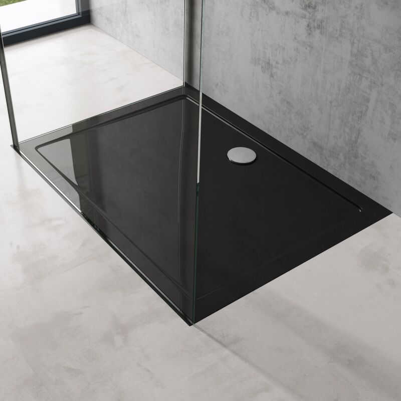 foto del prodotto doporro piatto doccia rettangolare in acrilico rinforzato, ultra slim 4 cm, installazione da appoggio o filo pavimento, nero lucido 75x140 cm