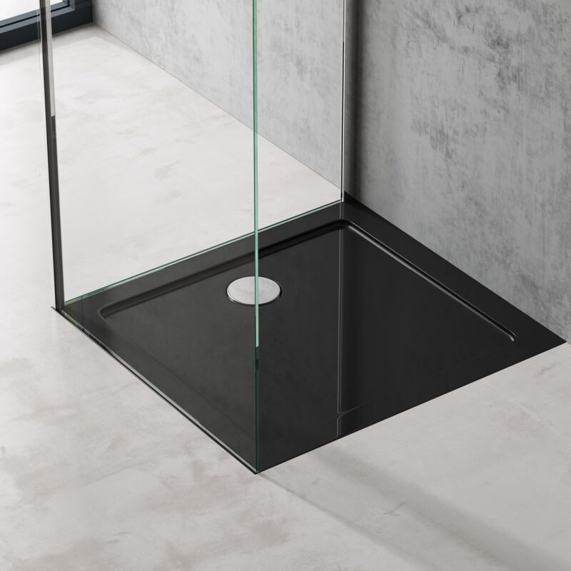 foto del prodotto doporro piatto doccia rettangolare in acrilico rinforzato, ultra slim 4 cm, installazione da appoggio o filo pavimento, nero lucido 75x80 cm faro2