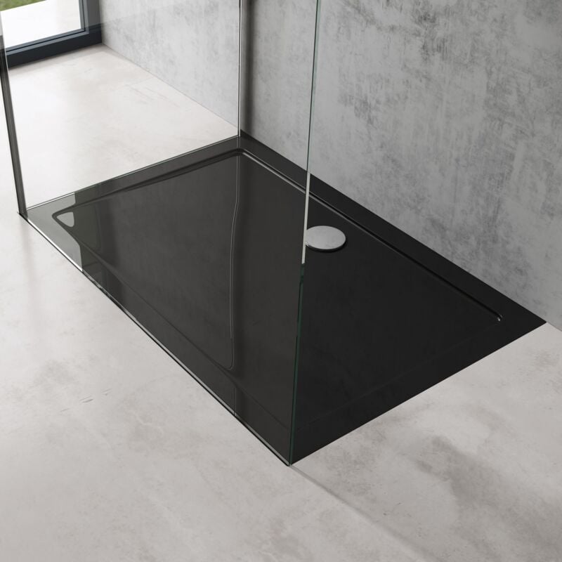 foto del prodotto doporro piatto doccia rettangolare in acrilico rinforzato, ultra slim 4 cm, installazione da appoggio o filo pavimento, nero lucido 80x120 cm