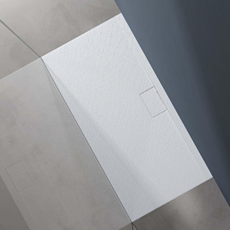 foto del prodotto doporro piatto doccia rettangolare in marmoresina effetto pietra, ultrasottile 3 cm, installazione versatile, 70x140 cm, bianco geoma07