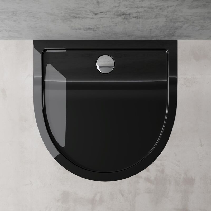 foto del prodotto doporro piatto doccia semicircolare 90x90x4cm in acrilico nero, adatto per installazione a livello del pavimento, connessioni din faro4
