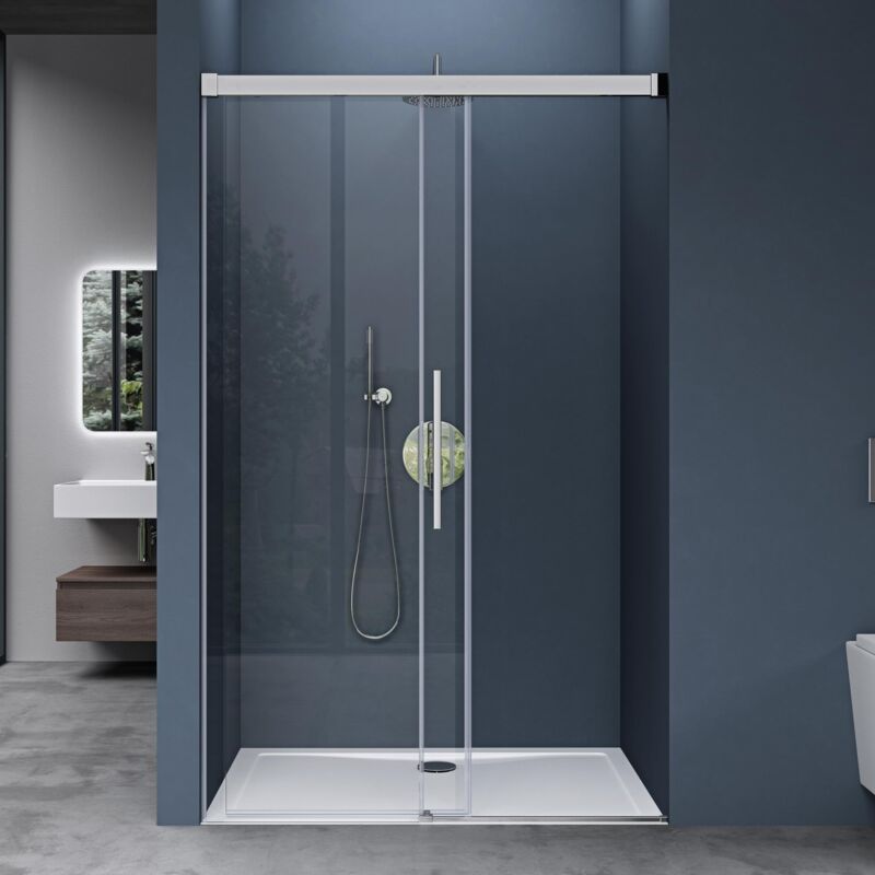foto del prodotto doporro porta doccia scorrevole per nicchia in cristallo temperato 6 mm trasparente anticalcare 130x195 cm con profilo e maniglione cromato lucido