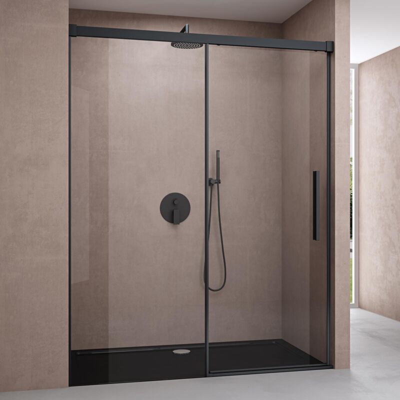 foto del prodotto doporro porta doccia scorrevole per nicchia in cristallo temperato 6 mm trasparente anticalcare 140x195 cm con profilo e maniglione nero opaco