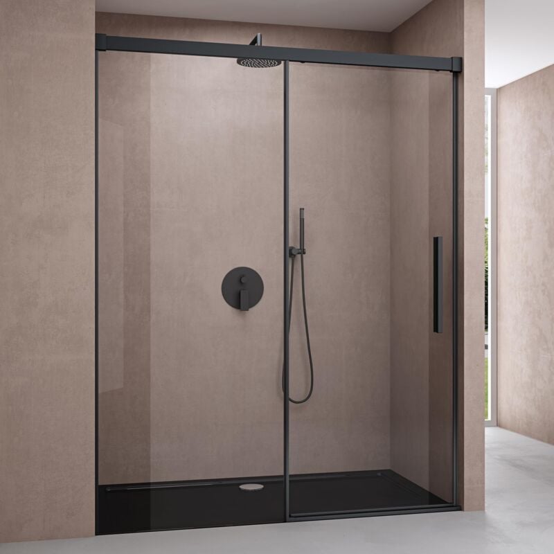 foto del prodotto doporro porta doccia scorrevole per nicchia in cristallo temperato 6 mm trasparente anticalcare 150x195 cm con profilo e maniglione nero opaco