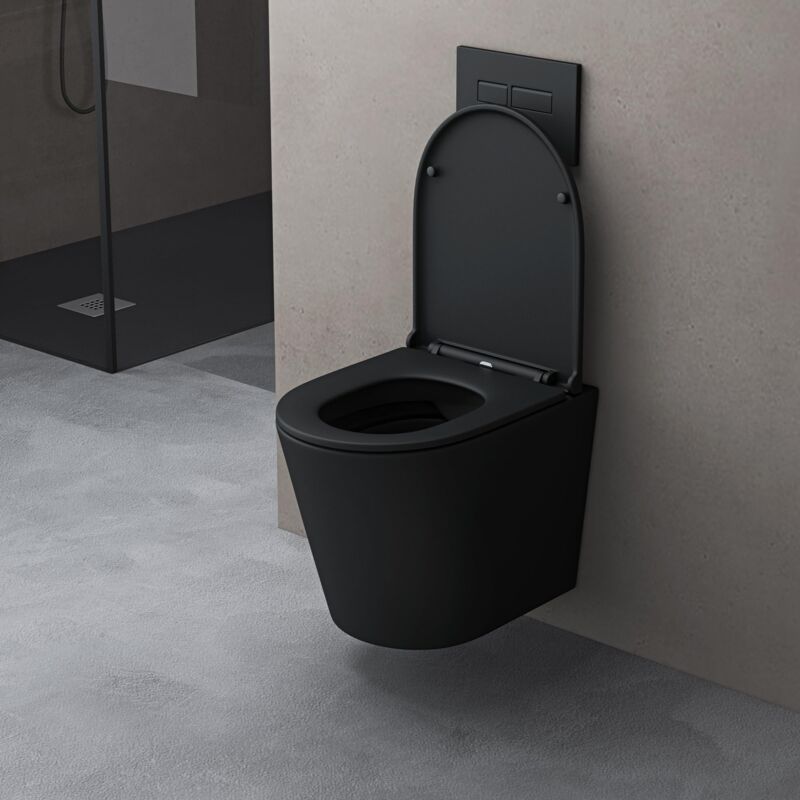 foto del prodotto doporro wc sospeso sanitari sospesi filomuro in ceramica nero opaco 49x35,5x35 cm con copriwc soft close chiusura ammortizzata e sciacquone