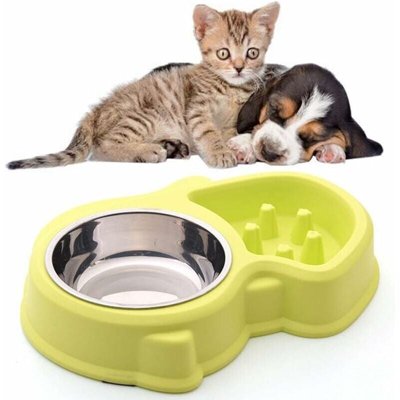 foto del prodotto doppia ciotola per acqua e cibo 1 ciotola in acciaio inox e 1 ciotola anti ghiottoneria per gatti e cani di piccola taglia verde 