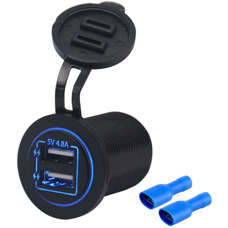 foto del prodotto doppia presa di ricarica usb impermeabile, indicatore led, presa di corrente 4,8 a 5 v per auto, camper, barca, atv, moto, marina, blu
