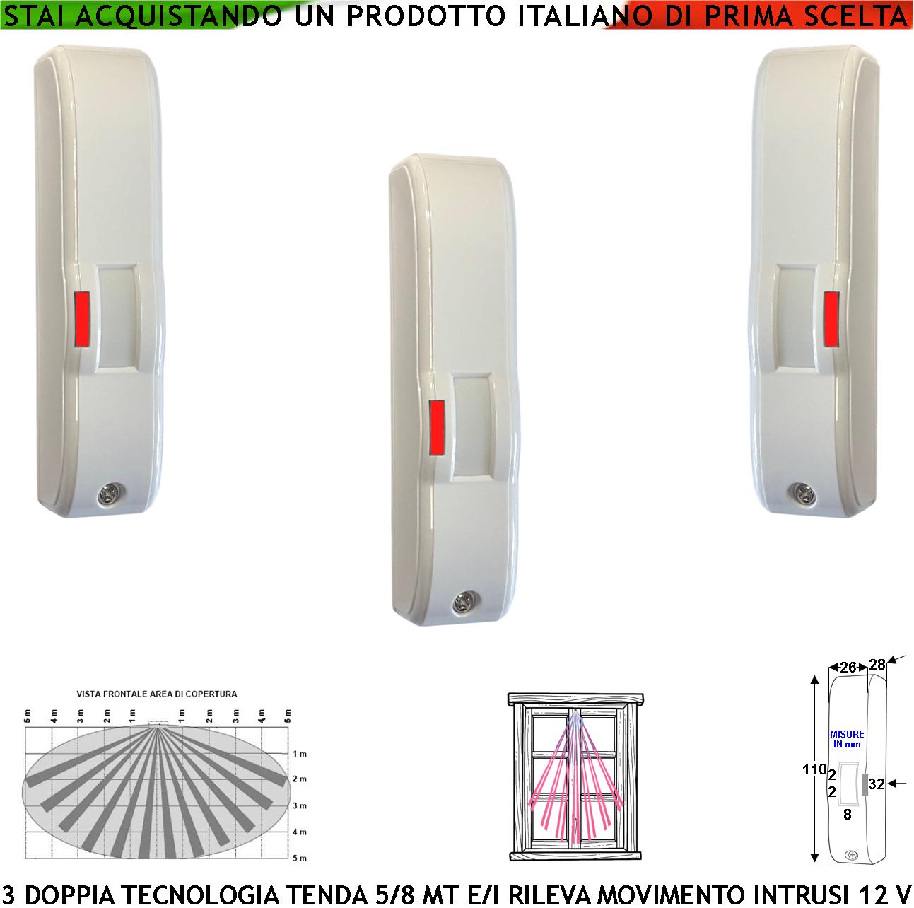 foto del prodotto doppia tecnologia tenda 3 pezzi infrarosso e microonda gatewatch portata 5 mt sensori movimento ladri rampa scala coperto rileva intrusi invia allarme alimen. 12 v assorb. 10 ma cover bianca abs ip44