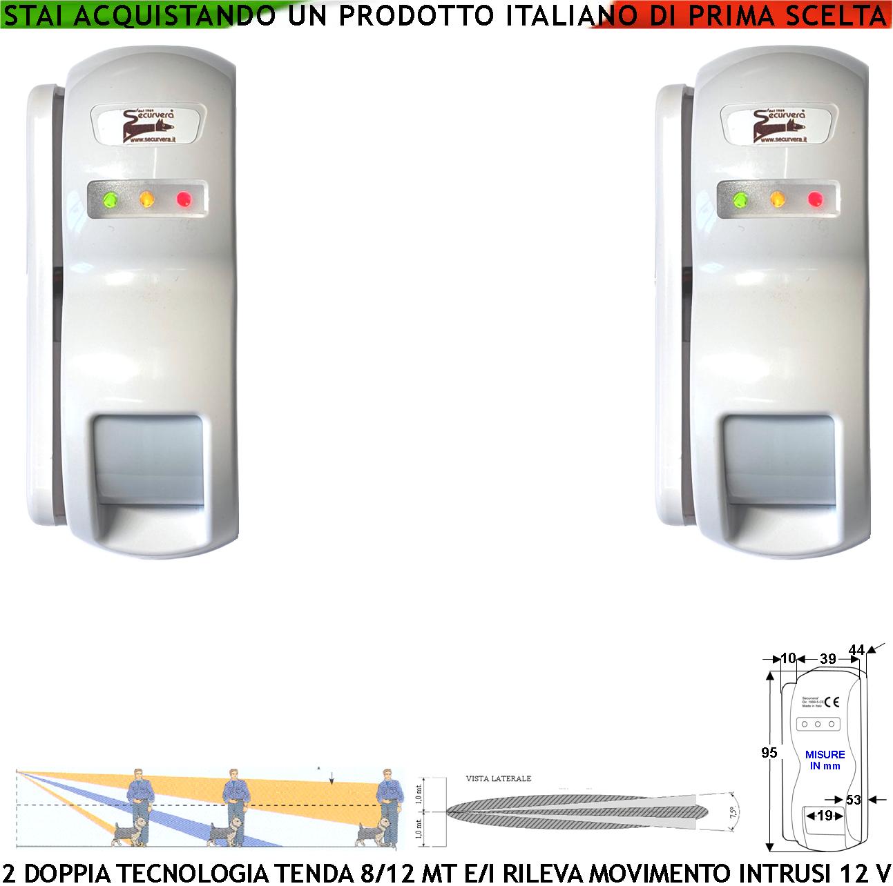 foto del prodotto doppia tecnologia tenda dual pir e micronda 2 pezzi portata 8 12 mt sensore esterno rampa scala rileva movimento ignoti ladri invia allarme aliment. 12 v assorb. 10 ma cover staffa abs bianca ip31