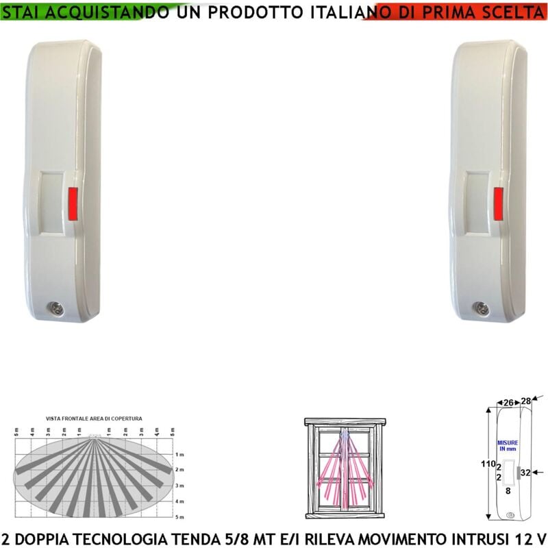 foto del prodotto doppia tecnologia tenda infrarosso e microonda gatewatch portata 5 mt 2 pezzi sensori movimento ladri rampa scala coperto rileva intrusi invia