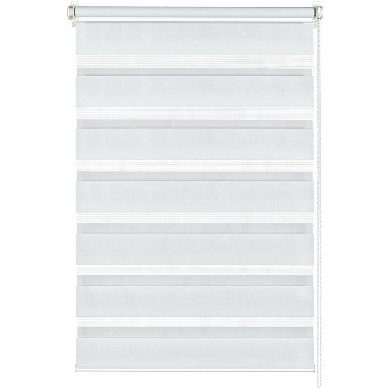 foto del prodotto doppia tenda a rullo con morsetto di fissaggio o adesiva, tenda a rullo con catenella laterale, trasparente e con strisce opache, kit di montaggio