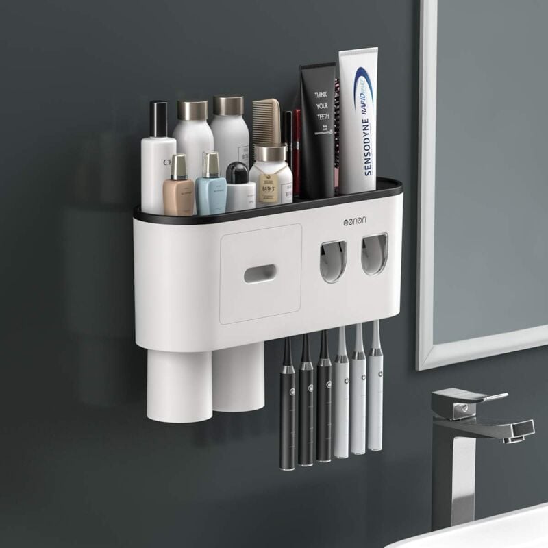foto del prodotto doppio dispenser automatico di dentifricio con portaspazzolino, ampio organizer con 6 scomparti per spazzolino, cassetto portaoggetti per cosmetici