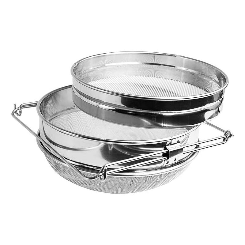 foto del prodotto doppio filtro in acciaio inox, filtro per miele, apicoltore