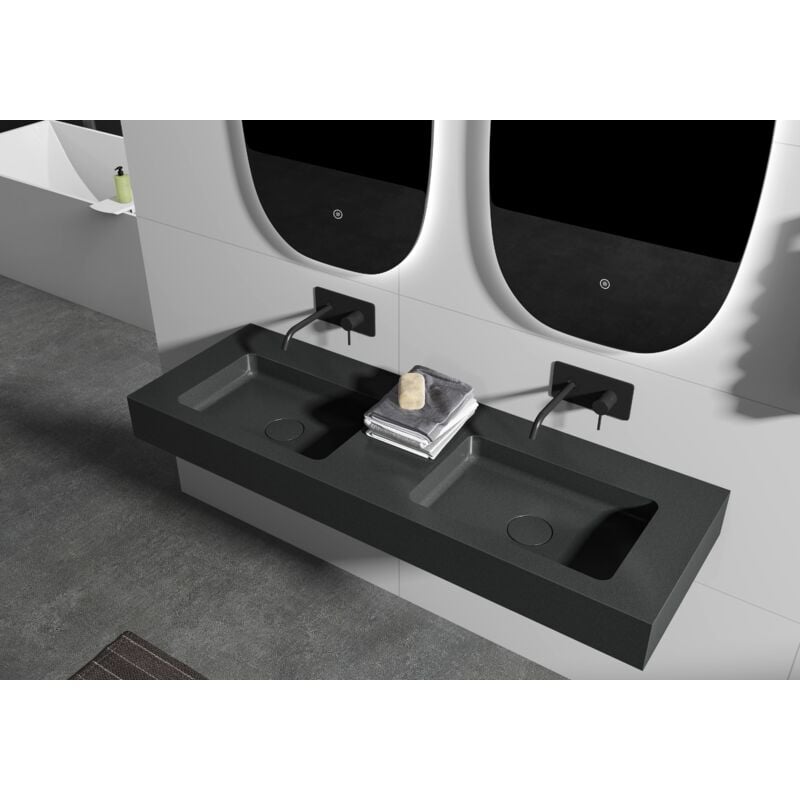 foto del prodotto doppio lavabo sospeso ba8013 in pietra solida sold surface 133 x 45 x 12 cm colore selezionabile console in metallo opzionale quarzo nero,