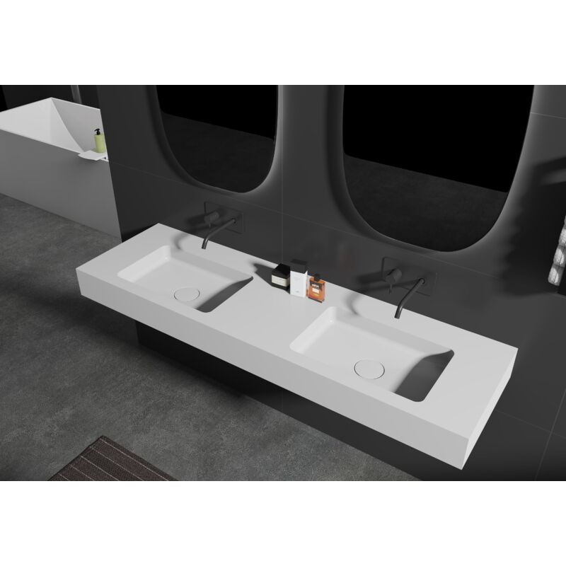 foto del prodotto doppio lavabo sospeso ba8015 in pietra solida sold surface 153 x 45 x 12 cm colore selezionabile console in metallo opzionale bianco opaco,