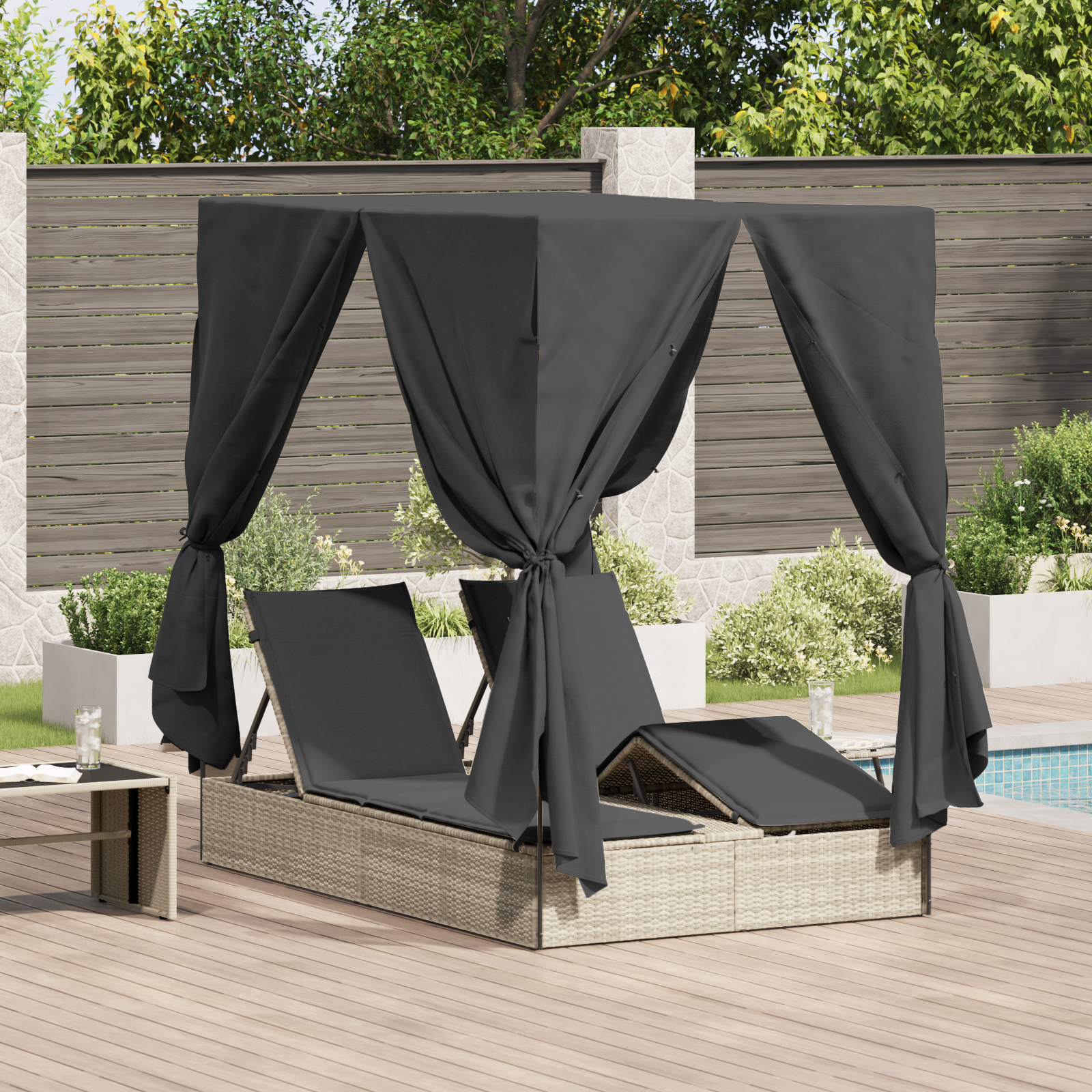 foto del prodotto doppio lettino prendisole con tetto e tendine grigio chiaro in polyrattan