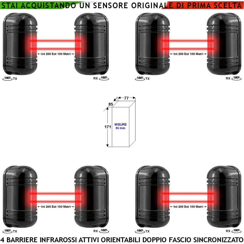 foto del prodotto doppio raggio infrarosso attivo barriera orientabile 4 pezzi segnala allarme passaggio estraneo protezione portata 200 mt interno 100 mt esterno