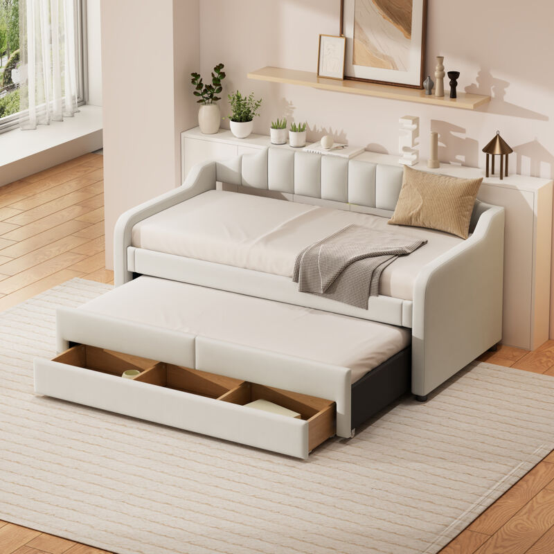 foto del prodotto dormeuse 90 cm x 200 cm 190 cm , dormeuse singolo imbottito con contenitore pieghevole, dormeuse con cassetti, beige