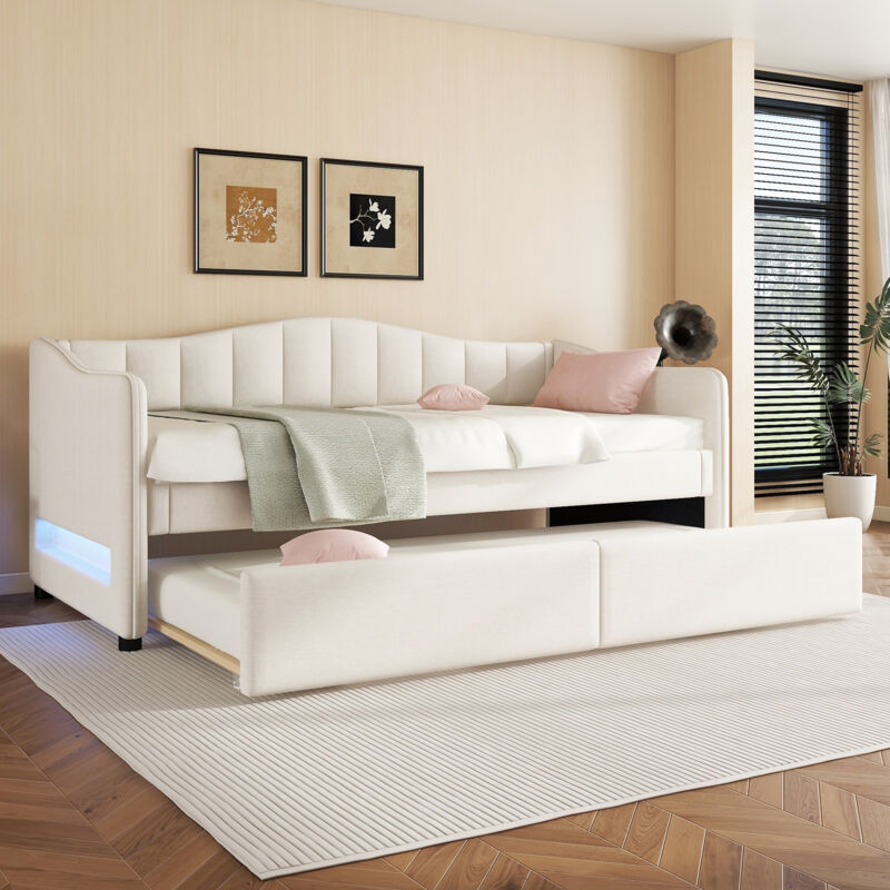 foto del prodotto dormeuse, chaise longue 90x200 cm con letto estraibile, divano letto, letto singolo senza materasso , design con luce ambientale, lino, stile