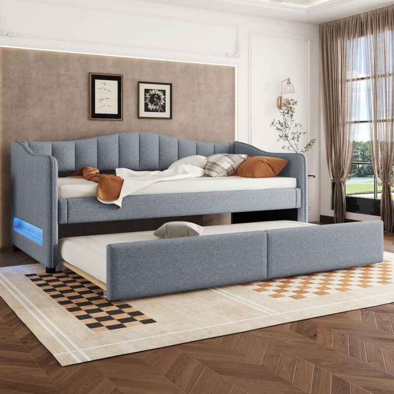 foto del prodotto dormeuse, chaise longue 90x200 cm con letto estraibile, divano letto, letto singolo senza materasso , design con luce ambientale, lino, stile