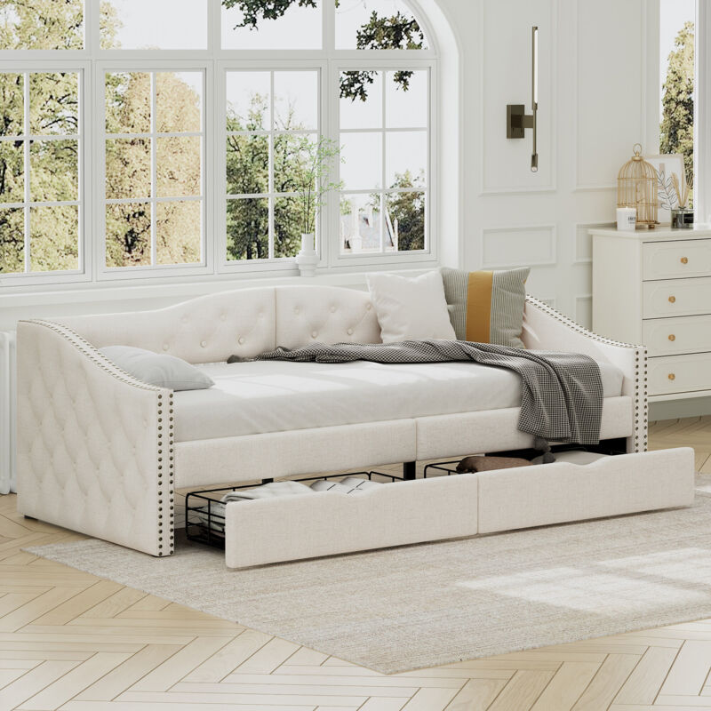 foto del prodotto dormeuse, dormeuse singolo con cassetti, ampio spazio di archiviazione, beige, 90200 cm