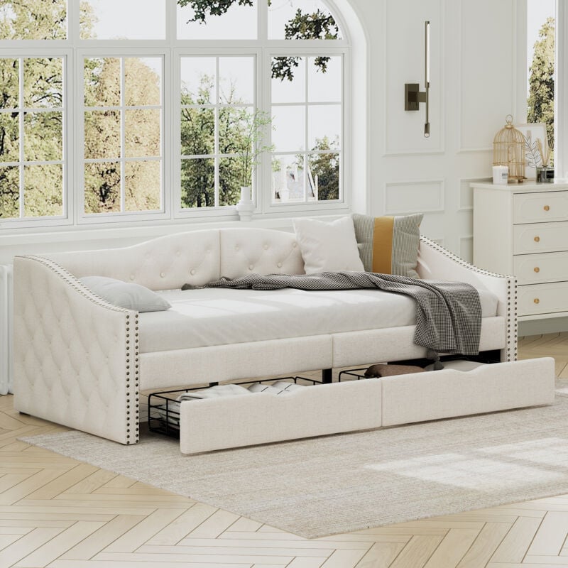 foto del prodotto dormeuse, dormeuse singolo con cassetti, ampio spazio di archiviazione, beige, 90200 cm