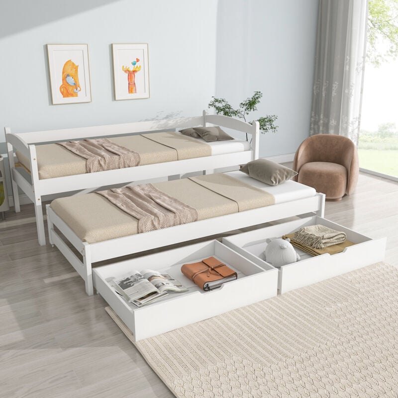 foto del prodotto dormeuse, letto singolo e matrimoniale, letto scorrevole con rotelle nella parte inferiore, con 2 cassetti in mdf, struttura in legno massello,