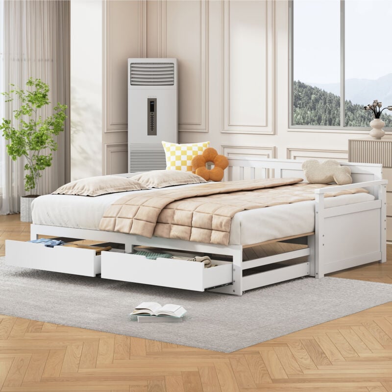 foto del prodotto dormeuse multifunzione due in uno 90 180 x 190 con letto in pino, cassetti e letto estraibile bianco