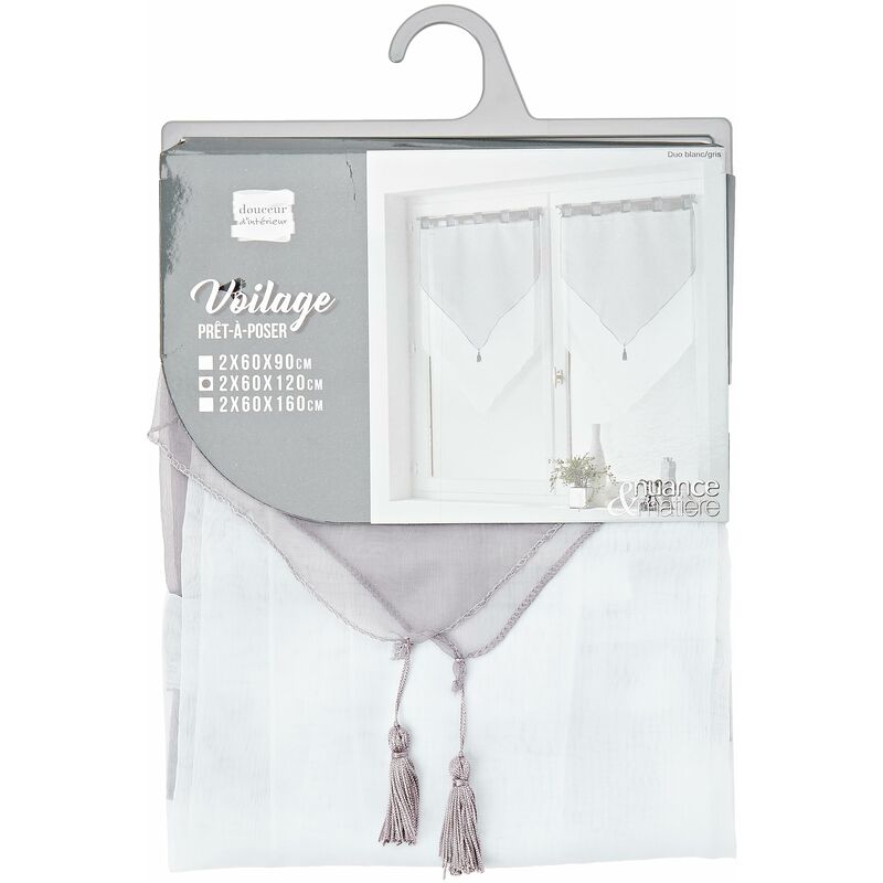 foto del prodotto douceur d int rieur 1620387 doppia tenda in voile con pompon, 60x120 cm, colore bianco grigio
