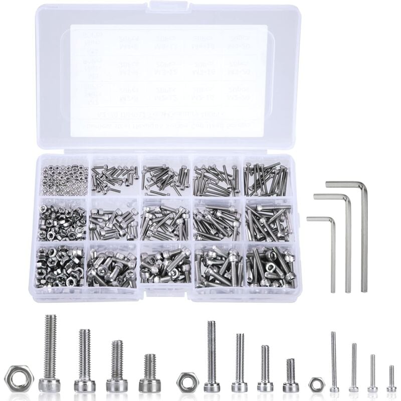 foto del prodotto dpzo 480 pezzi m2 m3 m4 in acciaio inox viti a testa esagonale bulloni e dadi kit assortimento con scatola di immagazzinaggio spessa