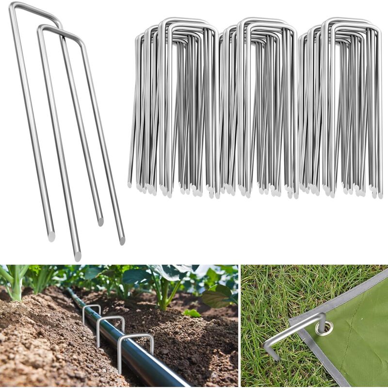 foto del prodotto dpzo 50 pezzi picchetti da giardino a forma di u 150 mm x 30 mm, picchetti di fissaggio per teli di terra in acciaio zincato, graffette da giardino