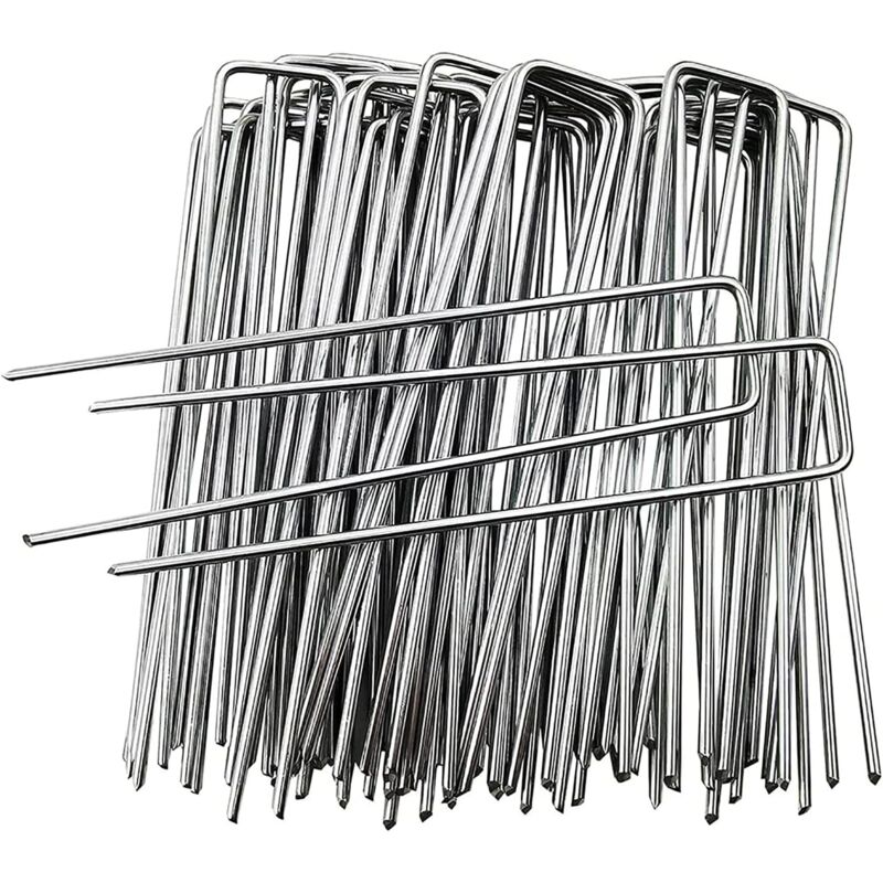 foto del prodotto dpzo 50 picchetti da giardino a forma di u, 150 mm x 30 mm, picchetti di fissaggio in acciaio zincato per teli di terra, graffette da giardino per