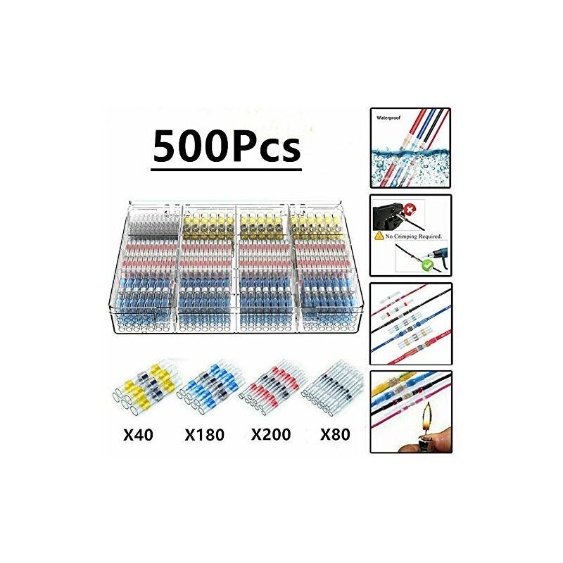 foto del prodotto dpzo 500 pezzi di tubi termorestringenti per saldatura elettrica, connettori elettrici termorestringenti per saldatura maidodo isolati impermeabili