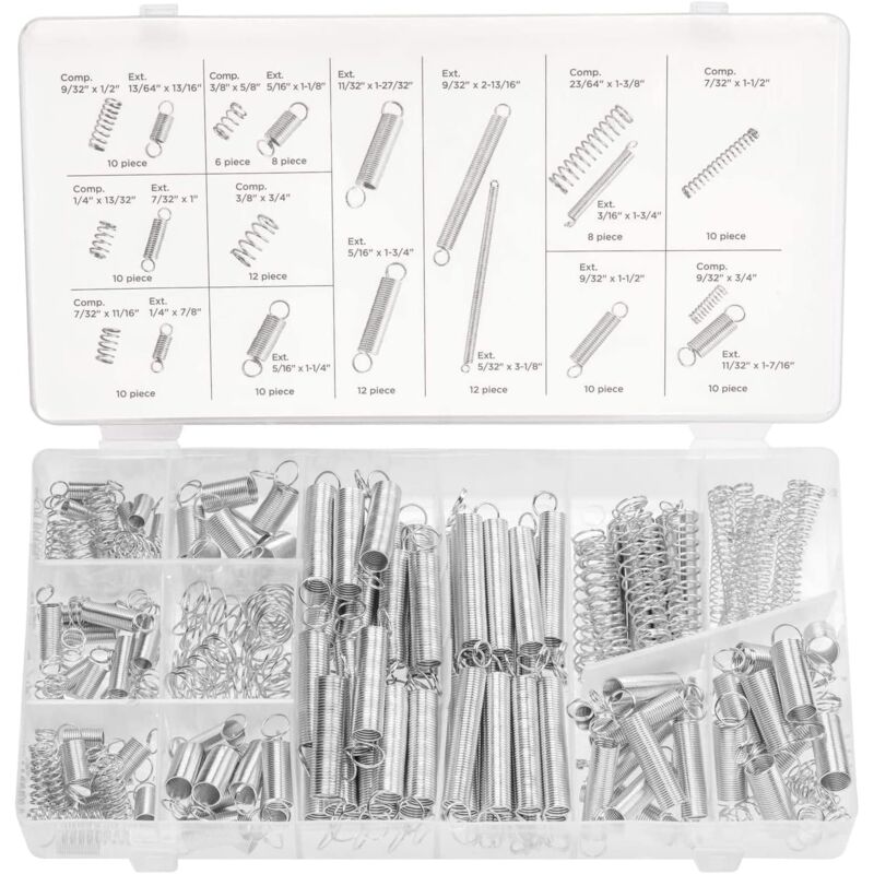 foto del prodotto dpzo 50456a 200 pezzi assortimento di molle kit di molle di compressione ed estensione in acciaio zincato dimensioni assortite per tutti i tipi di
