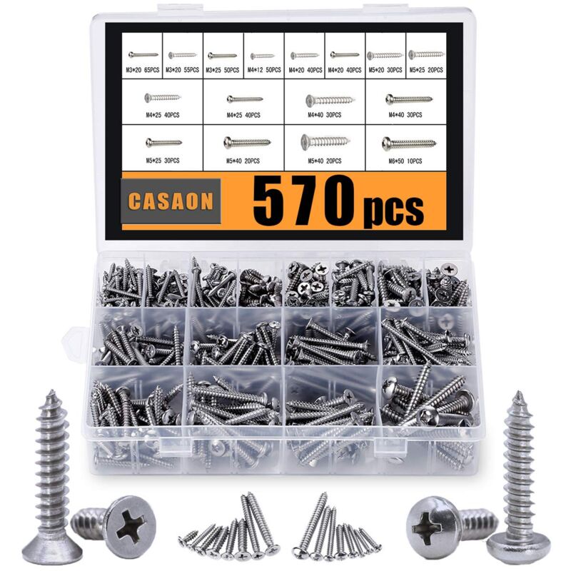 foto del prodotto dpzo 570 pezzi assortimento di viti autofilettanti, m3 m4 m5 m6, kit di viti per lamiera in acciaio inossidabile 304, assortimento di viti per