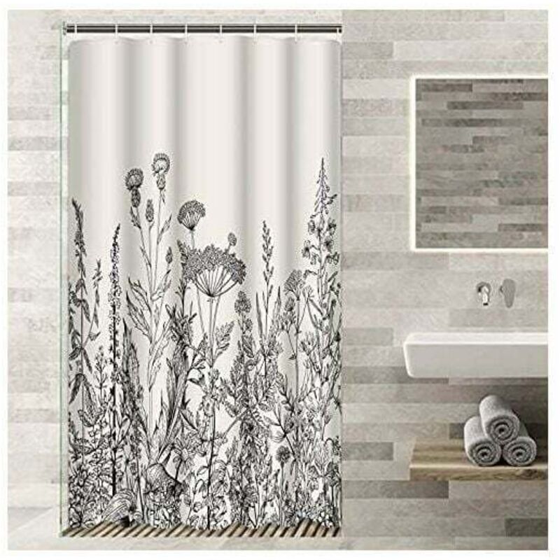 foto del prodotto dpzo - 90 180cm tenda da doccia per camper con bordo floreale, erbe e fiori di campo, incisione botanica vintage, tessuto in poliestere impermeabile nero, set con ganci