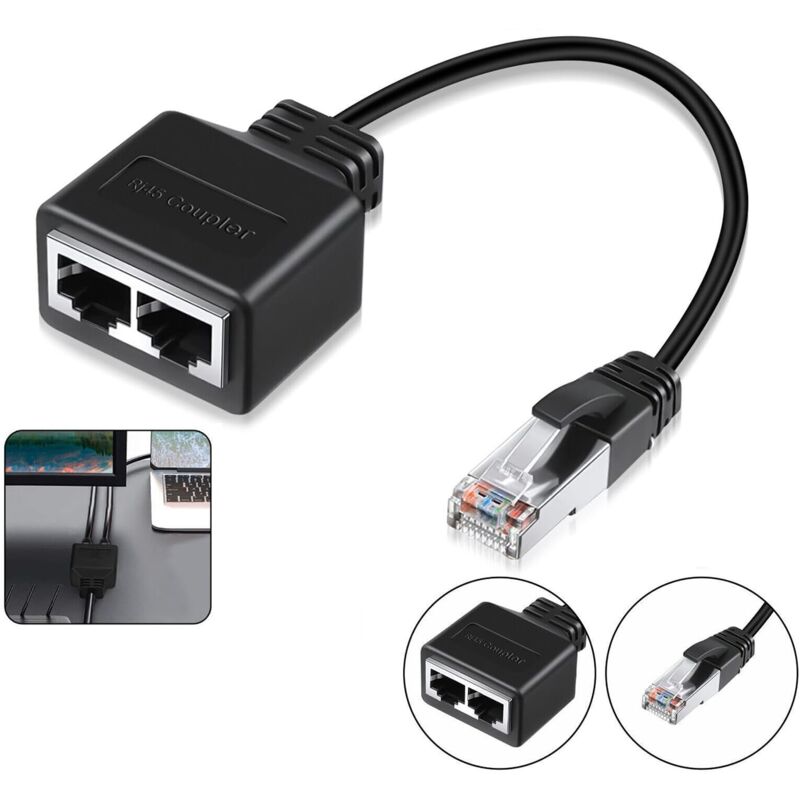 foto del prodotto dpzo adattatore splitter rj45, accoppiatore rj45, adattatore splitter ethernet lan rj45 da 1 a 2 cavi, adattatore splitter per cavi di rete per