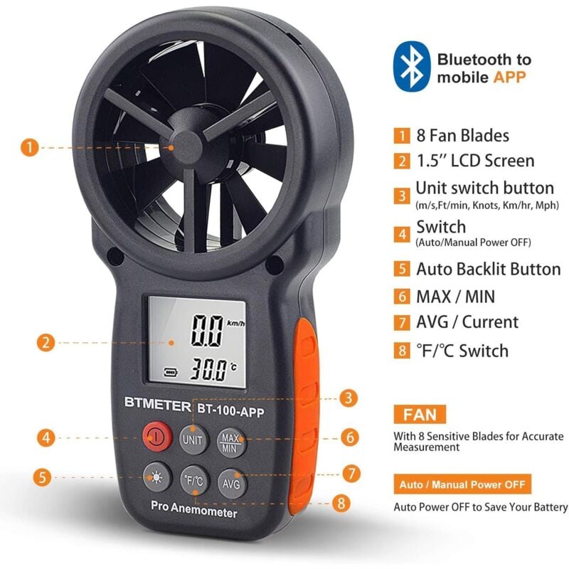 foto del prodotto dpzo anemometro digitale per la velocit del vento, misuratore di temperatura e vento freddo wireless bluetooth