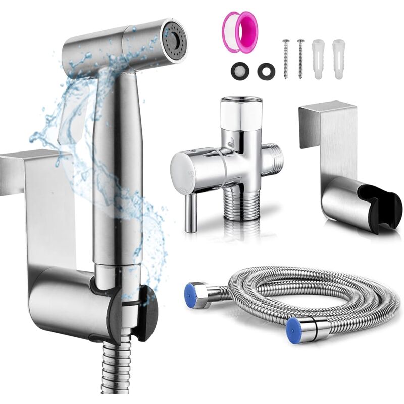 foto del prodotto dpzo bidet in acciaio inox per wc, kit di ugelli per bidet, ugelli per rubinetto, argento, set di tubi flessibili a parete 
