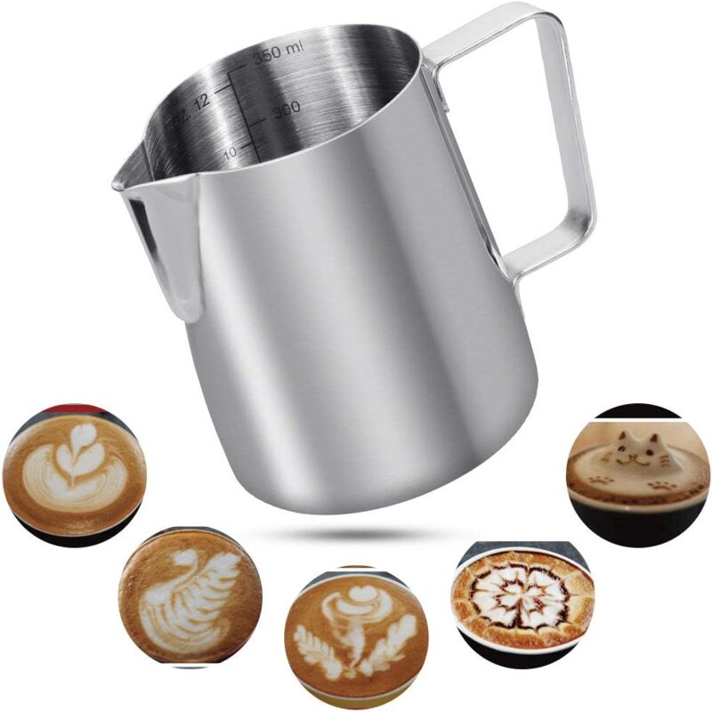 foto del prodotto dpzo brocca per latte in acciaio inossidabile 304 da 350 ml, brocca graduata per preparare schiuma di latte e cappuccini
