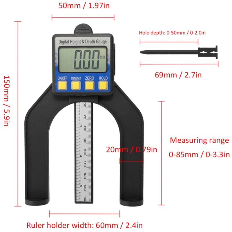 foto del prodotto dpzo calibro a corsoio con display digitale lcd, righello, calibro di altezza e profondit con campo di misura 0 85 mm con magneti