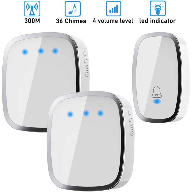 foto del prodotto dpzo campanello senza fili, campanello senza fili impermeabile con portata di 300 metri, kit con led e 36 melodie a 4 livelli di volume per casa,