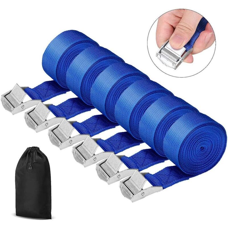 foto del prodotto dpzo cinghie di fissaggio, confezione da 6, 2,5 cm x 2,5 m, con fibbia, per portabici da moto, estremamente resistenti, blu, carico fino a 250 kg.