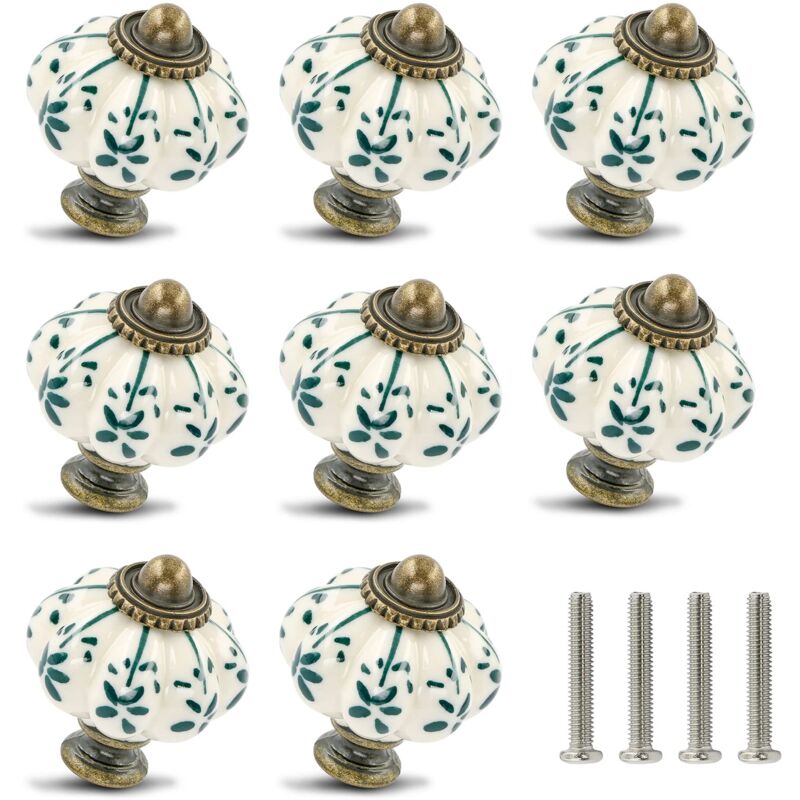 foto del prodotto dpzo confezione da 12 pomelli in ceramica avorio e verde pomelli per mobili a forma di zucca, pomelli per cassettiere retr maniglie per