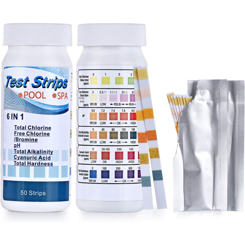 foto del prodotto dpzo confezione da 2 strisce reattive 6 in 1 per piscina, test dell acqua per cloro, ph, alcalinit , 100 pezzi